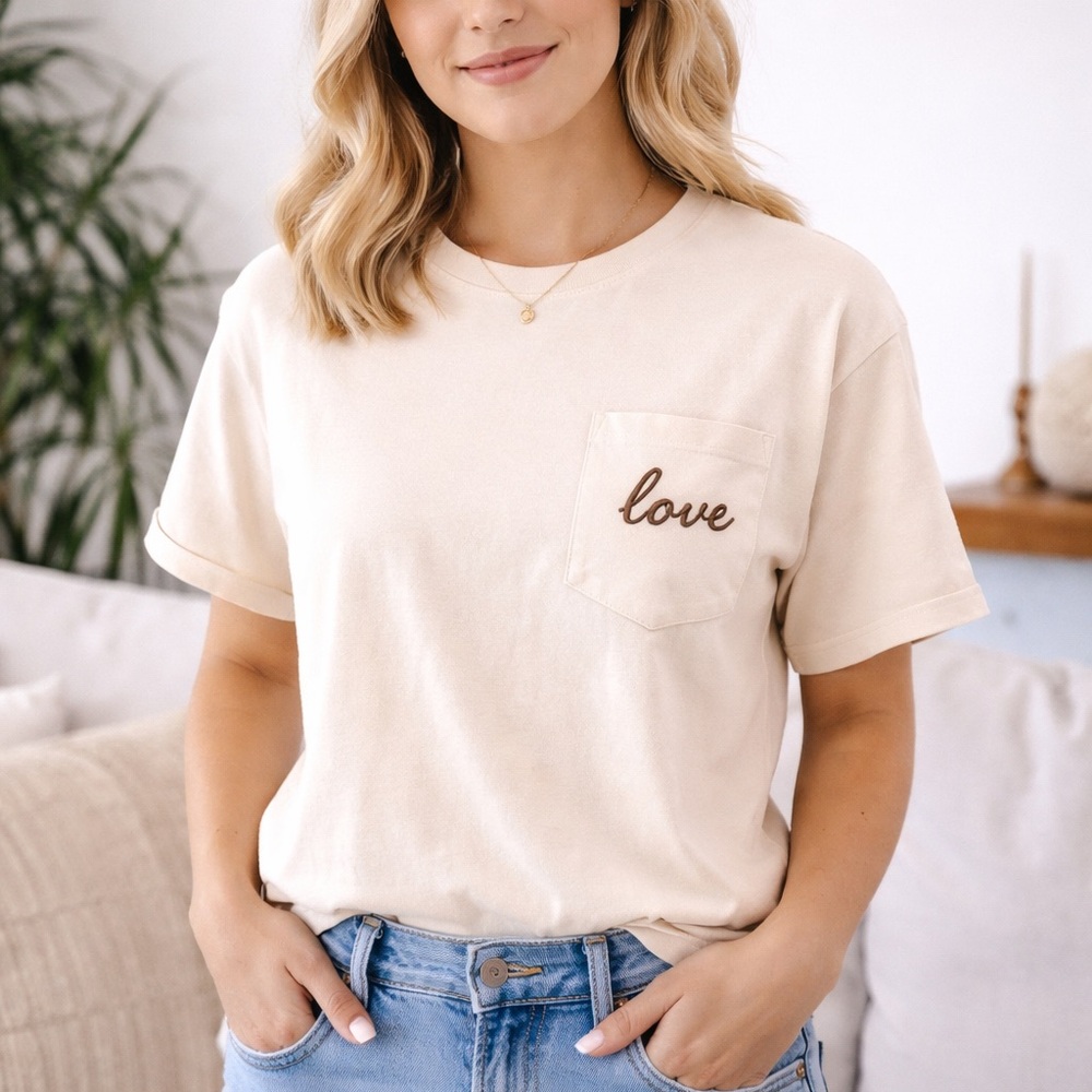 Cream Pocket Tee with "Love" Embroidery